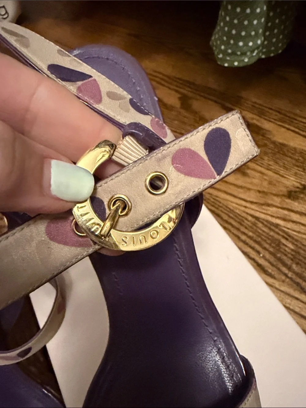 Louis Vuitton Purple and Cream Heart-Print Raffia Wedge Sandals
